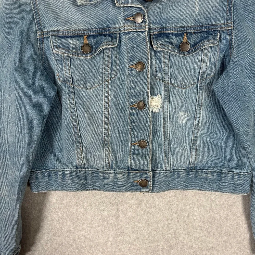Ashley Vintage Charm Jean Jacket Large Distressed Puff Holes Girly Cute Feminine